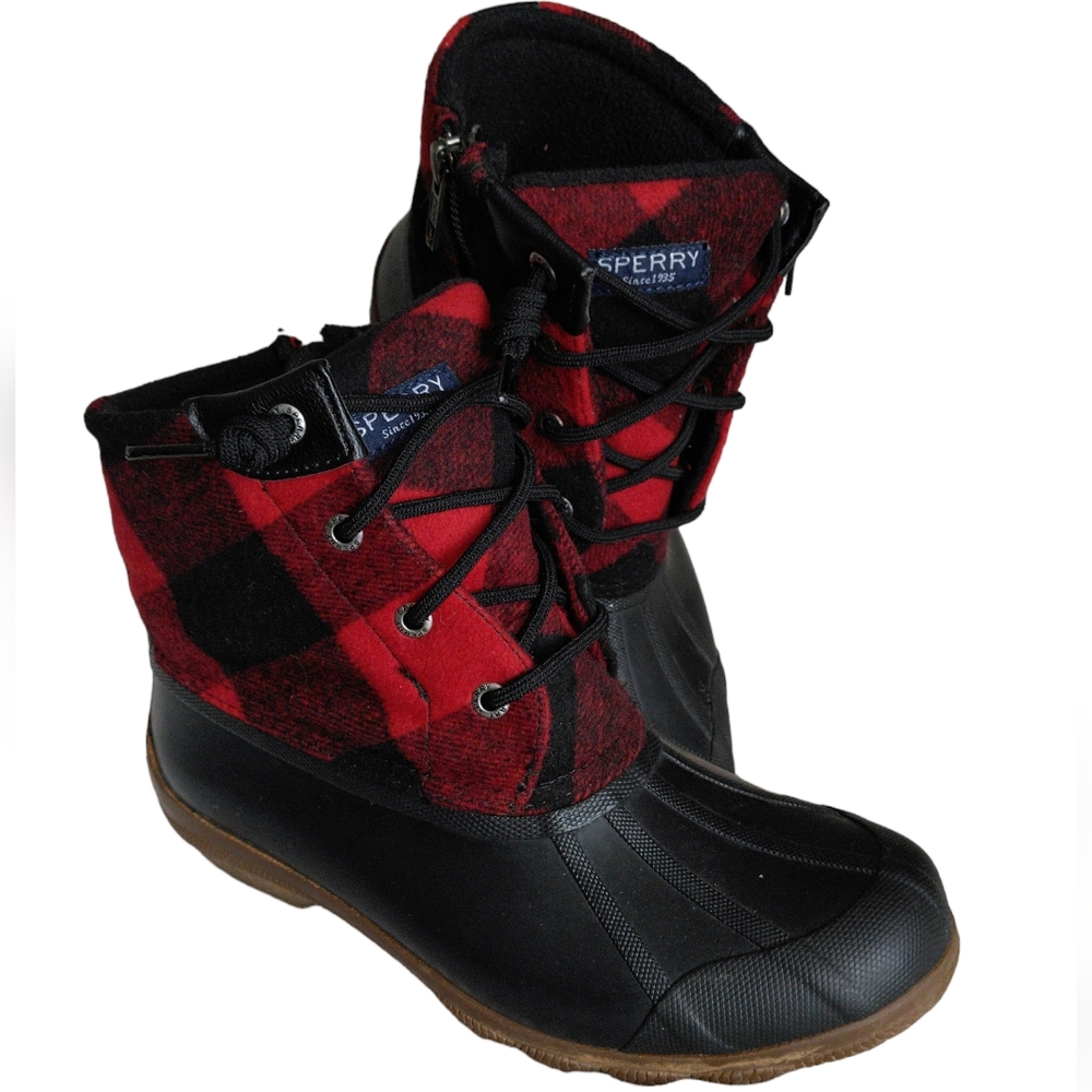 Sperry Size 6 Waterproof Wool Blend Buffalo Check Plaid Zip Laceup Duck Boots